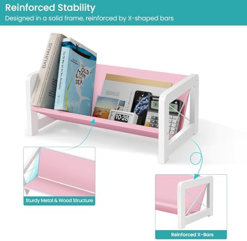 ELITEROO Tabletop Bookshelf, Simple Wood Book Organizer for Desk, Tilted Table Bookcase, Small Desktop Book Rack for Cookbook Display, Kids Reading, Office Storage, Pink