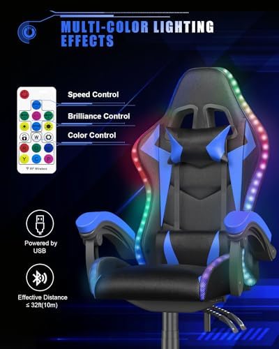 Racingreat RGB Gaming Chair for Adults & Kids, Lumbar Support, Blue.