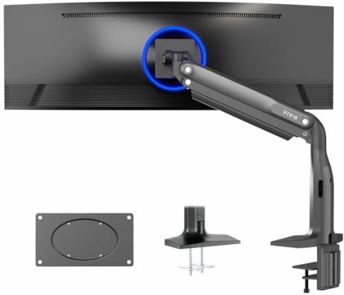 VIVO Aluminum Ultrawide Monitor Stand, Classic, Fits up to 49 inch Computer Screens, Single Articulating Pneumatic Arm, C-Clamp and Grommet Desk Mount, Max VESA 200x100, Black, STAND-V100H