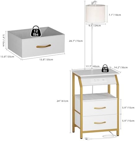 End Table with Floor Lamp, Nightstand with Charging Station, Floor Lamp Table with 3-Color Temperature Bulb, Bedside Table Night Stand with 2 Drawers for Bedroom, Living Room, Gold