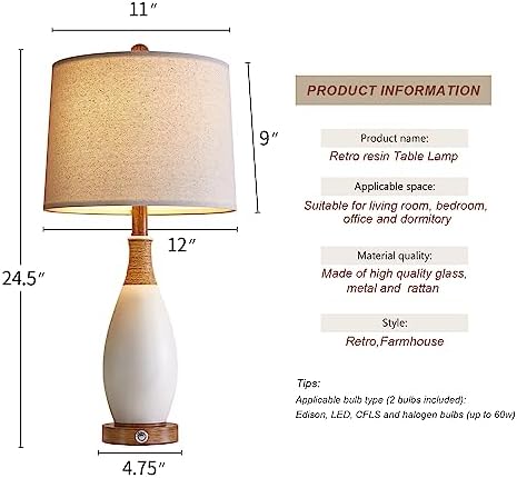 OYEARS 24.5” 3-Way Dimmable Touch Control Bedside Table Lamp Set of 2 with USB and Type-C Charging Ports Modern Farmhouse Nightstand Lamp for Bedroom Living Room (Bulb Included)