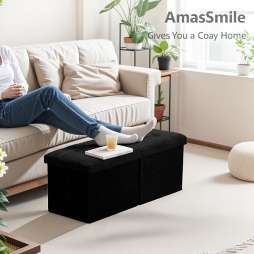 AmasSmile Footrest Ottoman Storage Bench, 34" Linen Folding Chest, Black