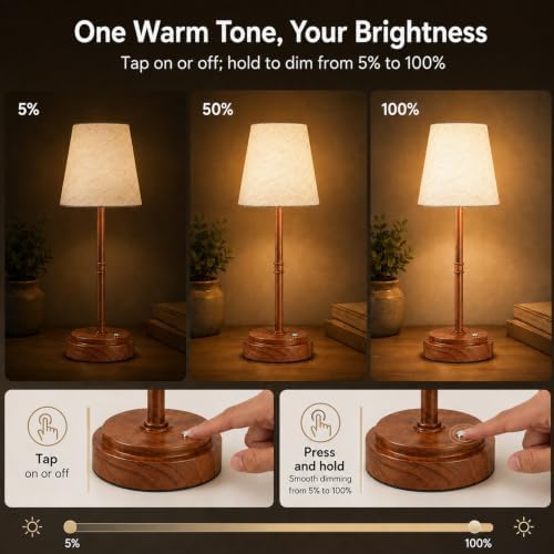 Rechargeable Cordless Table Lamp, Battery Operated Bedside Lamp, Wood Grain