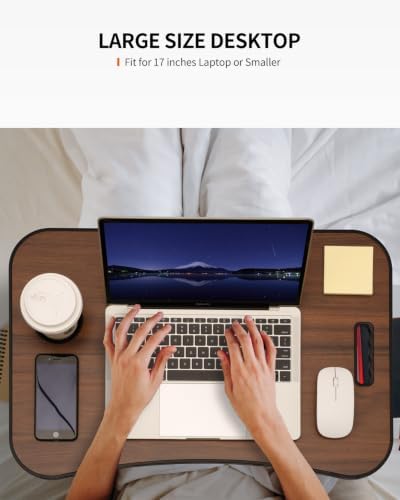 FISYOD Foldable Laptop Table, Portable Lap Desk Bed Table Tray, Laptop Stand with Cup Holder & Tablet Slot & Lifting Handle for Working Writing Drawing & Eating (Walnut)