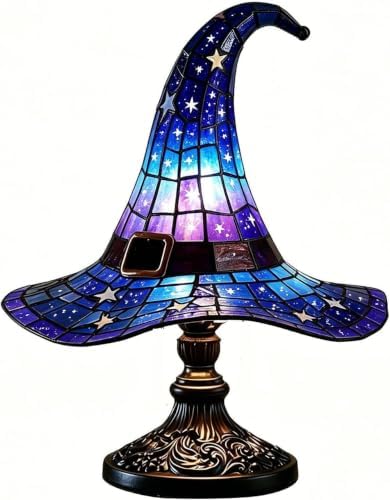 Stained Glass Witch Hat Lamp, Handcrafted Resin Halloween Witch Lamp (Blue)