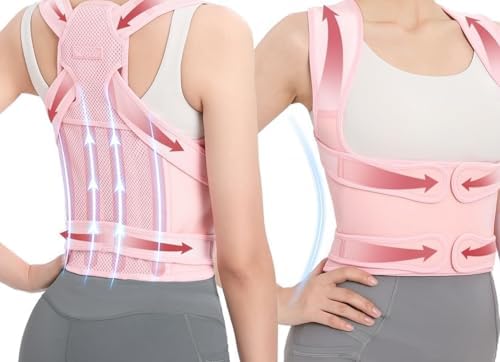 Posture Corrector Back Brace Support, Adjustable Upper Back Straightener for Men and Women, Black and Pink (Pink, Large)