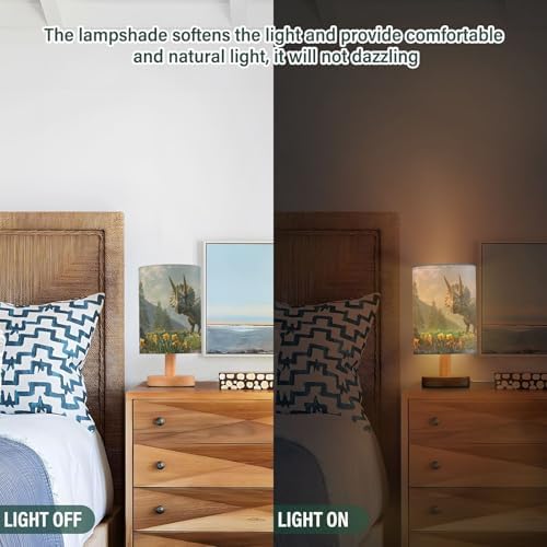 Bedside Lamp Dinosaur Mountain Table Lamp for Bedroom LED Nightstand Lamp Shade USB Ports Wood Base for Living Room Dorm Office