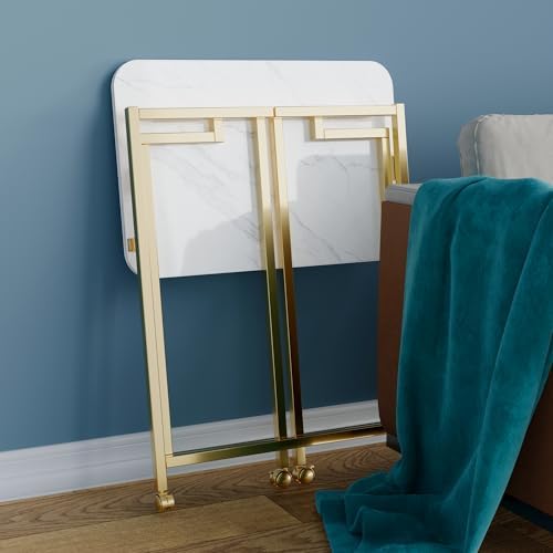 4NM 23.6" Mobile Small Rolling Computer Desk, Folding Laptop Cart Table with Wheels, Portable Office Desk for Small Space Couch Bed - White and Golden