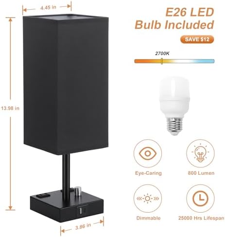 Black Bedside Table Lamps Set of 2 - Dimmable, USB C+A, 2 AC Outlets