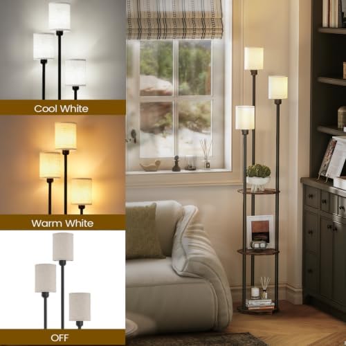 Floor Lamp with Shelves, 3-Light Standing Lamp with 3 Color Temperatures LED Bulbs, 3-Tier Shelf Vintage Floor Lamp with Table, Foot Switch Tall Lamp for Living Room, Bedroom, Study, Office
