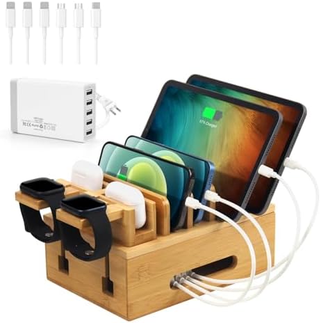 Bamboo Charging Station for Multiple Devices, Multi-Port USB Charger Organizer Stand for Phone, Earphone, Smart Watch, Desktop Cord Storage Holder for Home Office