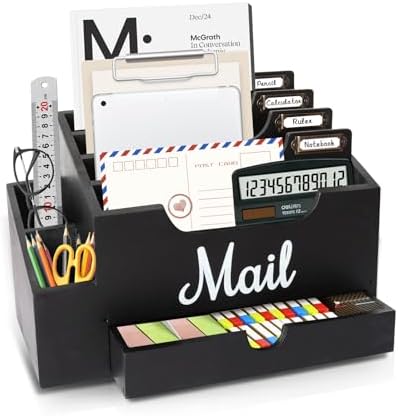Wood Mail Organizer Countertop, with 6 Compartments and Drawer