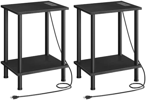 HOOBRO Side Table with Charging Station, Set of 2 End Tables with USB Port and Outlets, Nightstand with 2-Layer Storage Shelves for Small Spaces, Living Room, Bedroom, Black BK09UBZP201