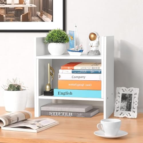 CITLOW Desktop Shelf Organizer - Adjustable Wood Desktop Bookshelf, Table Top Shelves, Desk Book Organizer for Office Supplies and Home Décor (White)