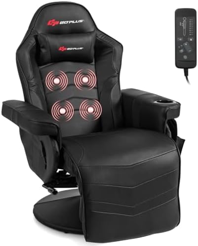 Goplus Massage Gaming Chair, Racing Style Gaming Recliner w/Adjustable Backrest and Footrest, Ergonomic High Back PU Leather Computer Office Chair Swivel Game Chair w/Cup Holder and Side Pouch