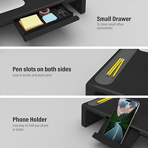 Adjustable Monitor Riser with Drawer & Phone Holder, Foldable Desk Stand