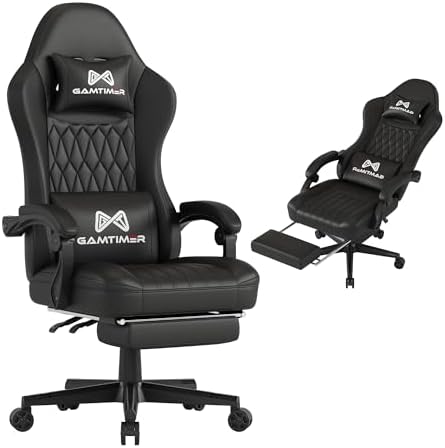 Gaming Chair with Footrest, Ergonomic Computer Chair, PU Breathable Material with Headrest and Lumbar Support, Suitable for Silla Gamer and Adults(Black)