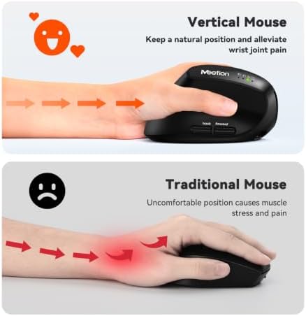 MEETION Left-Handed Ergonomic Vertical Mouse, Wireless, Rechargeable, Black