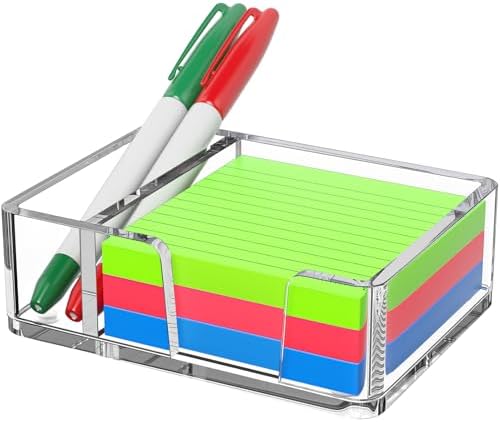 Sticky Note Holder with Pen Slot, Crystal Clear Acrylic Notepad Holder 3x3 in Self-Stick Note Dispenser Office Desk Accessories, Memo Pad Holder Organizer for Classroom School Supplies