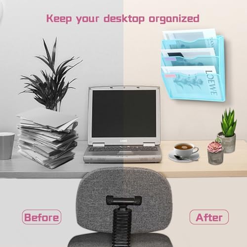 3 Pockets Mesh Wall File Holder Organizer Office Hanging File Folder Magazine Rack, Nametag Label Hooks Set Included (Blue)