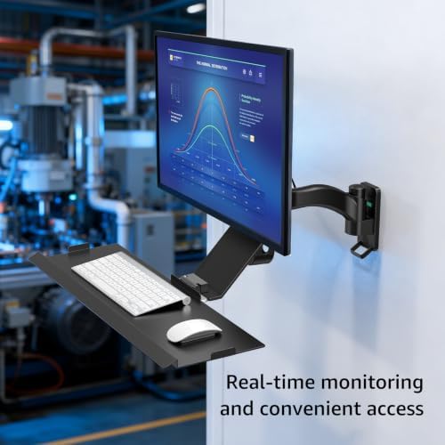 BEWISER Monitor Wall Mount with Foldable Keyboard Tray & Mouse Storage Single Monitor Arm Stand Computer Workstation for 17''-32'' Screens Suitable for Factory, Hospital, Warehouse & Lab Black
