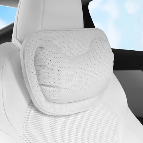 Car Neck Pillow [No More Pressure] Soft Comfortable Premium Leather Headrest with Adjustable Strap – Ergonomic Support for Driving, Office & Gaming, White, 1 Pack
