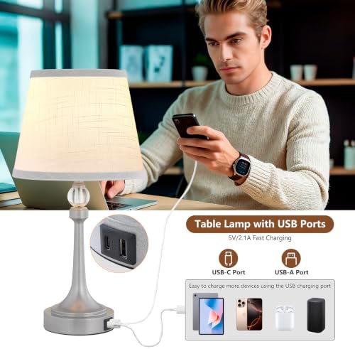 Touch Silver Table Lamp Set of 2 with USB C+A Ports-19.7''