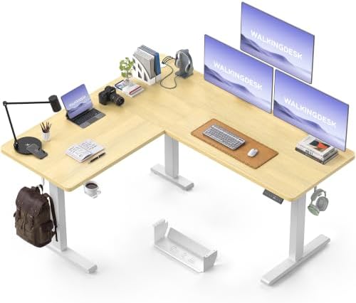 WALKINGDESK 63X55 Inches Reversible L Shaped Standing Desk Height Adjustable with Cup Holder, Electric Corner Computer Desk, Sit Stand up Home Office Desk, Ergonomic Gaming Desk, Oak