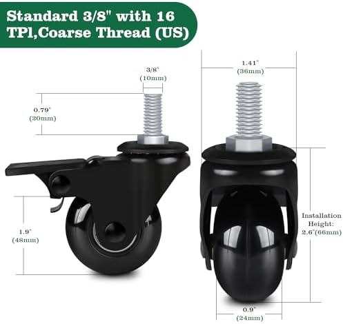 8T8 2" Office Chair Wheels Replacement with Brake, Rubber Caster Wheels with Threaded Stem 3/8''-16x1, Set of 5, Heavy Duty Desk & Gaming Chair Casters for Wood Floor Carpet Mat, Quiet Smooth Rolling