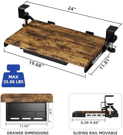 ETHU Small Keyboard Tray Under Desk with Metal Rail, 19.7x11.8", Walnut