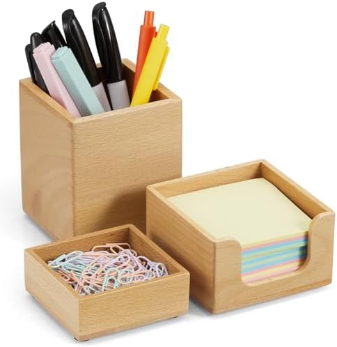 Desk Organizer Set of 3 - Wood Office Desk Accessories - Desk Organizers and Accessories for Women Men - Set incl. Pencil Pen Holder, Paperclip Storage and Sticky Note Holder