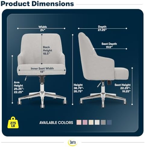 Serta Home Office Desk Chair with Low Padded Arms, Vanity Chair for Bedroom