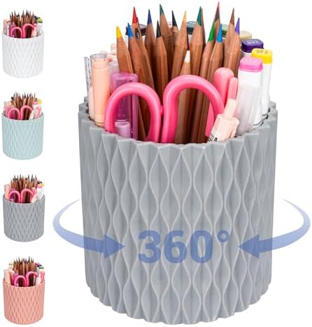 Pencil Holder - 360° Rotation, 5 Slot Desk Supplies For Women Office Aesthetic. Pencil Holder For Office&School, Desk Accessories(Grey)