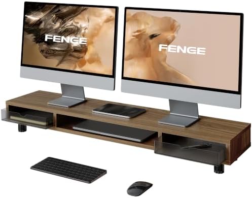 Fenge Dual Monitor Riser with 2 Drawers, 42.5in Long Desk Shelf, Brown