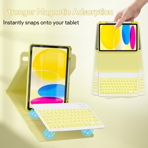 YBING for iPad A16 Case with Keyboard & iPad 10th Generation 10.9" 2022, 360 Rotation Magnetic Cover with 7-Color Backlit Wireless Detachable Keypad with Pencil Holder (Yellow)