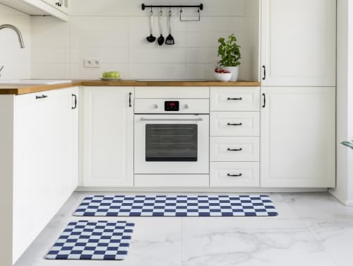 Ohocut Navy Blue Checkered Kitchen Mats for Floor Set of 2, 2 Pcs Cushioned Non Slip Runner Rugs for Kitchen/Sink/Laundry, Comfort Aesthetic Cute Anti-Fatigue Foam Floor Mat 17.3"x29.5"+17.3"x47.2"