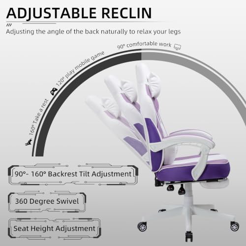 Gaming Chair Ergonomic Computer Gaming Chairs with Footrest, Massage Lumbar Support, Height Adjustment, and 360° Swivel Seat (Purple)