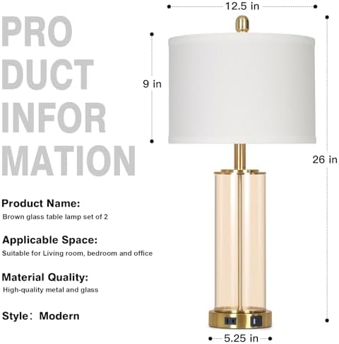 Ruzectt 26" Glass Table Lamp Single, 3-Way Dimmable Touch Control Living Room Lamp with USB C+A Ports & AC Outlet, Modern Bedside Lamps, Bedroom Lamps for Nightstand Side End Table Desk, Brown-1PK