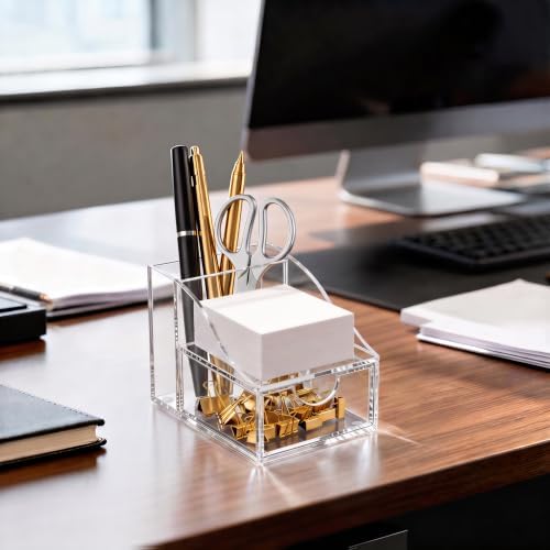 HBlife Acrylic Pen Holder for Desk, 3-Compartment Small Desk Organizer with Drawer, Clear Office Supplies Desk Accessories with Sticky Notes Holder Stores Post It Notes 3X3 for Office, Home and School