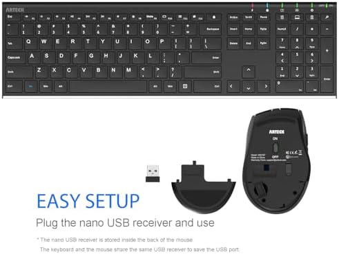 Arteck 2.4G Wireless Keyboard and Mouse Combo Stainless Full Size Keyboard and Ergonomic Mouse with Side Buttons for Computer Desktop PC Laptop and Windows 11/10/8/7 Build in Rechargeable Battery