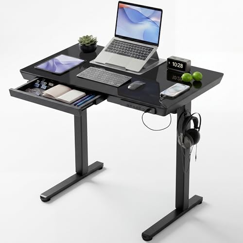 INNOVAR 35" Small Glass Standing Desk with Drawers & USB Ports, Whole-Piece Glass Top Adjustable Height Desks, Quick-Install Electric Sit-Stand Up Desk for Home Office & Computer Workstation, Black