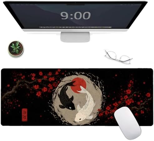Koi Fish Gaming Mouse Pad,Japanese Large Desk Mat, 31.5x11.8x0.12in Extended Non-Slip Rubber Red Flower Art Mousepad, Computer Deskmat Gifts, Laptop Mice Pads Decor for Office Home