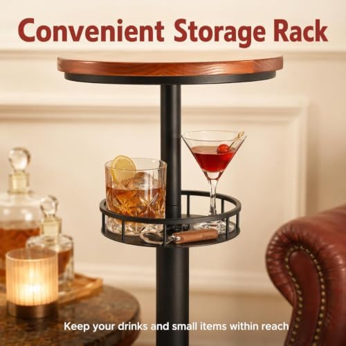 LOKKHAN 42" Tall Rustic Industrial Bar Table with Storage-19.68" Dia Round Wooden Top Metal Bar Height Adjustable Standing Pub Table-Dining Room Cocktail Bistro Table