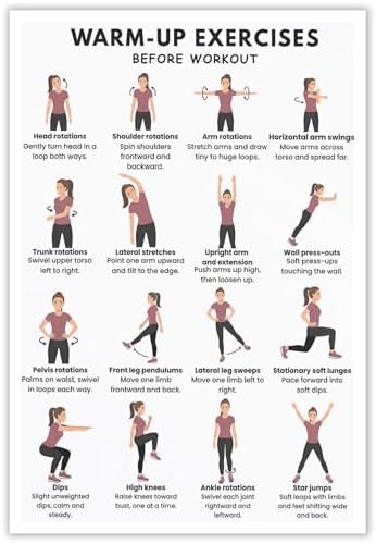 Pre-Workout Warm-Up Exercise Poster, 16 Illustrated Full-Body Prep Movement Chart, Bodyweight Joint Loosening Reference to Prevent Strains Before Home & Gym Fitness Training Sessions(24x36inchs，Unframed)