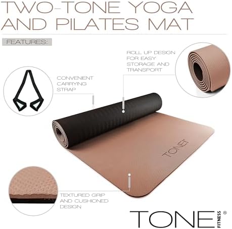 TONE Fitness 1/4" Yoga Mat, Non-Slip Exercise & Pilates Mat with Strap