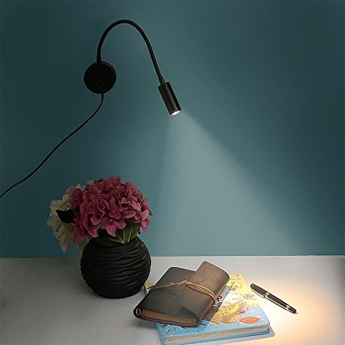 3W Wall Mounted Reading Light Flexible Gooseneck LED Sconce Lamp with Plug & Switch for Bedroom, Office, Workbench, Studio (01 Black Cool)