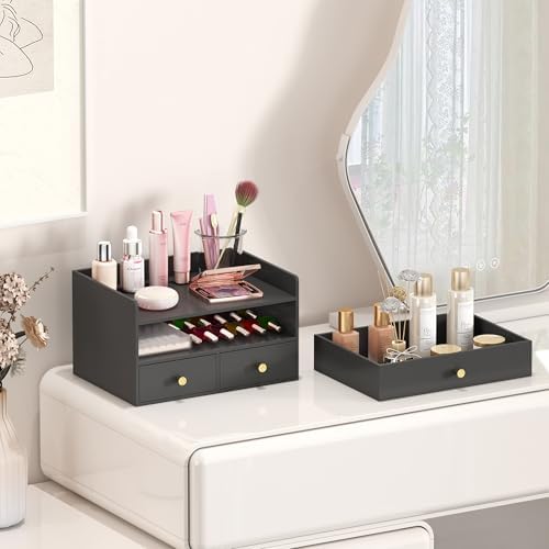 Bamboo Desk Organizer - Stackable, No Assembly Required, Ideal for Office/Home Use - Perfect for Toiletries, Stationery, Accessories. (Black, Fence three Desk Organizer)