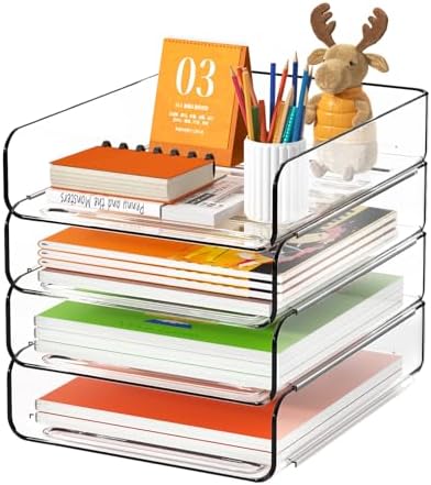 FANXIYQ 4-Tier Acrylic Paper Tray Organizer, Clear Stackable Desk File Organizer for Documents, Files, Letters, A4 Paper, Books, Notes, Mail & Paper Storage, Office Classroom Home
