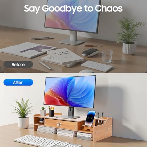 Monitor Stand Riser,Computer Monitor Stand,Monitor Stand Riser with Storage,Desktop Computer Monitor Stand,Multi-Purpose Desk Organizer Shelf,Computer Rack with Lockable Drawer,for Homes,Schools