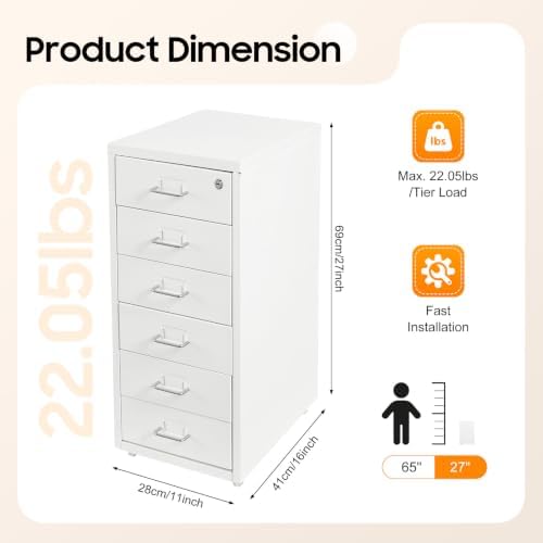 6 Drawer File Cabinet with Lock, Freestanding Filing Metal Drawers Organizer Vertical Metal Rolling Organizer Movable Under Desk Cabinet with Wheels for Home Office Living Room Study (6 Tiers White)
